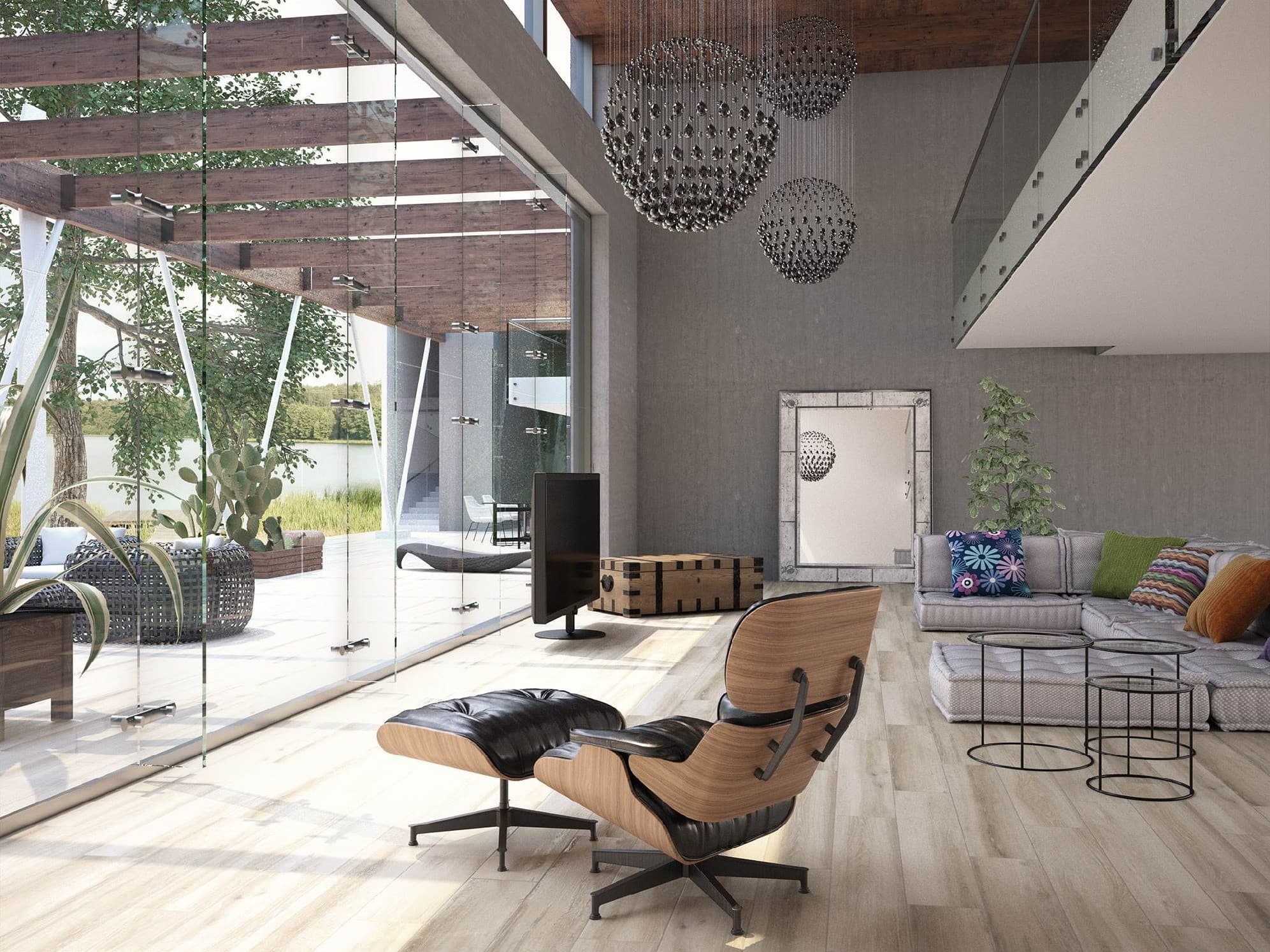 A finished interior with warm wide-plank flooring